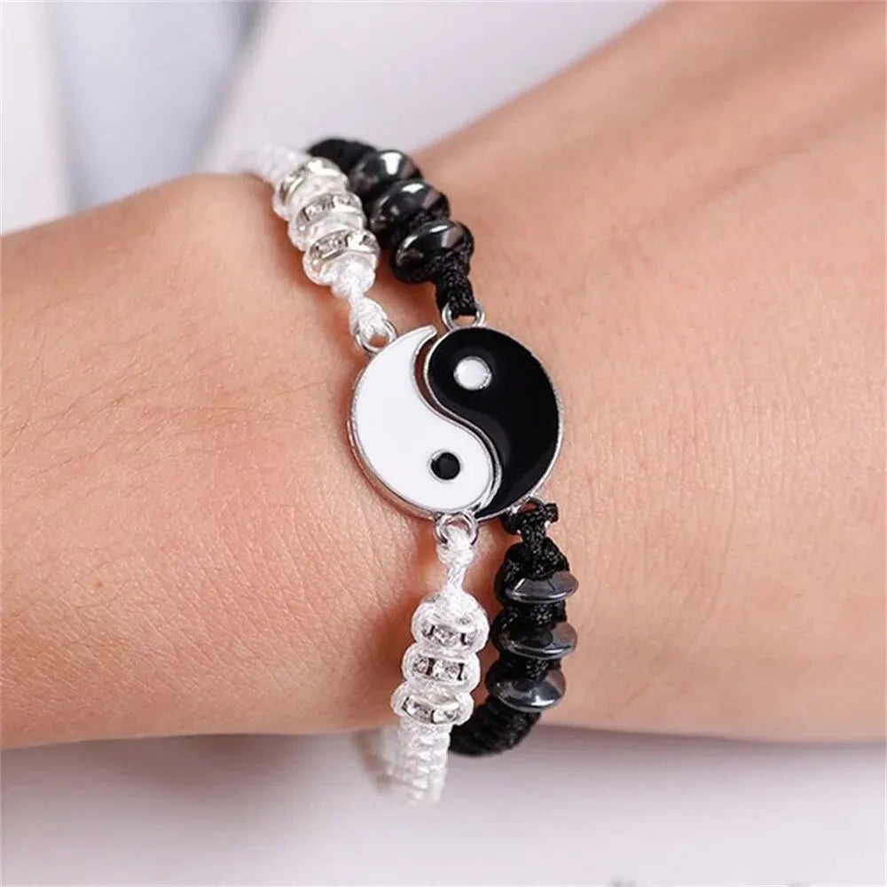 2 PC Jewelry Set Couple Black White Tai Chi Bracelet Rope