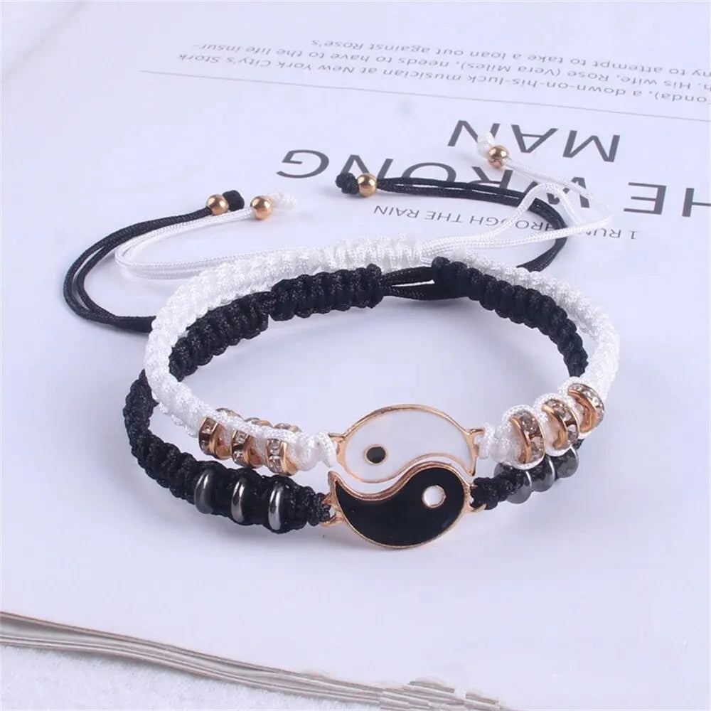 2 PC Jewelry Set Couple Black White Tai Chi Bracelet Rope