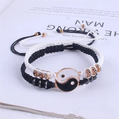 2 PC Jewelry Set Couple Black White Tai Chi Bracelet Rope