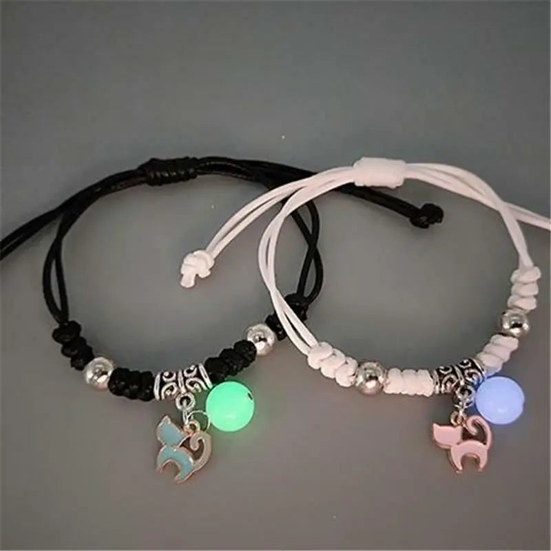 2Pcs Luminous Star Cat Moon Couple Bracelet Kitten Flower Handmade