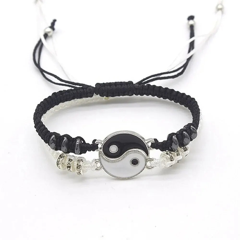 2 PC Jewelry Set Couple Black White Tai Chi Bracelet Rope