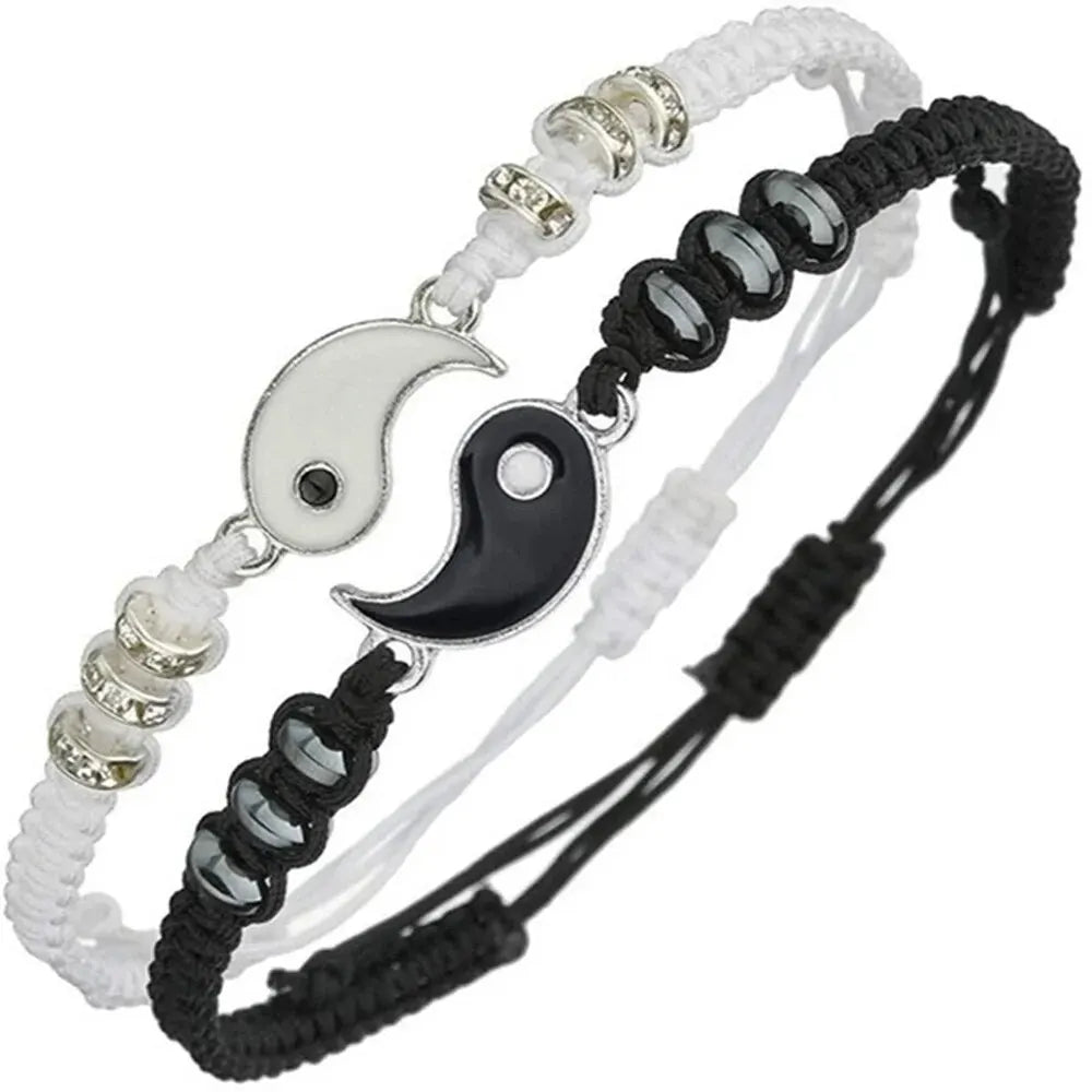 2 PC Jewelry Set Couple Black White Tai Chi Bracelet Rope